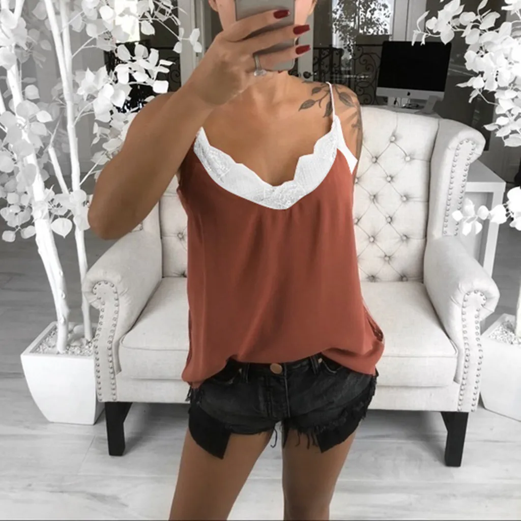 Orange Strappy кружево лоскутное топики женские летние модные футболки без рукавов для женщин Футболка бретели Танк сексуальный жилет дамы же - Цвет: Orange