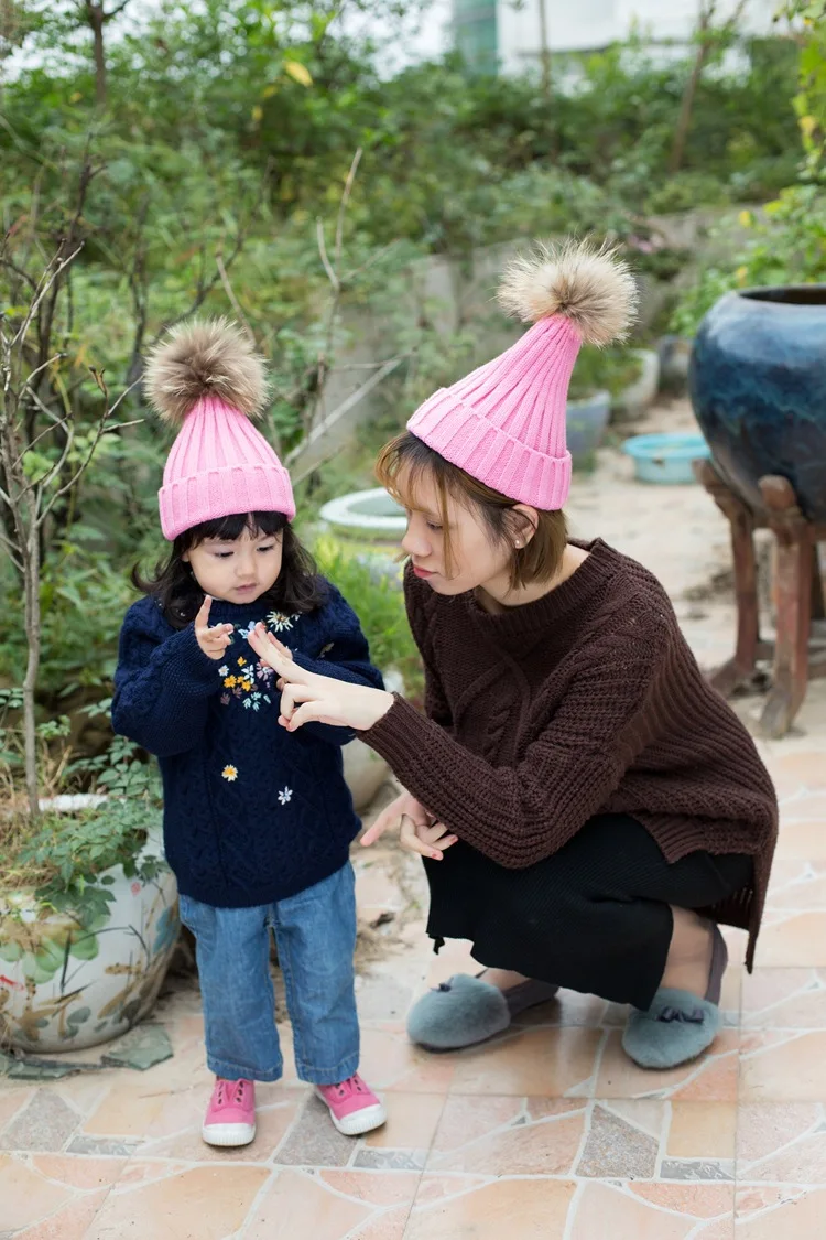 Doitbest Beanies для родителей и ребенка, Женский енот, настоящий помпон из лисьего меха, зимние шапки для взрослых, женские шерстяные шапки, бренд, женский головной убор из плотной ткани