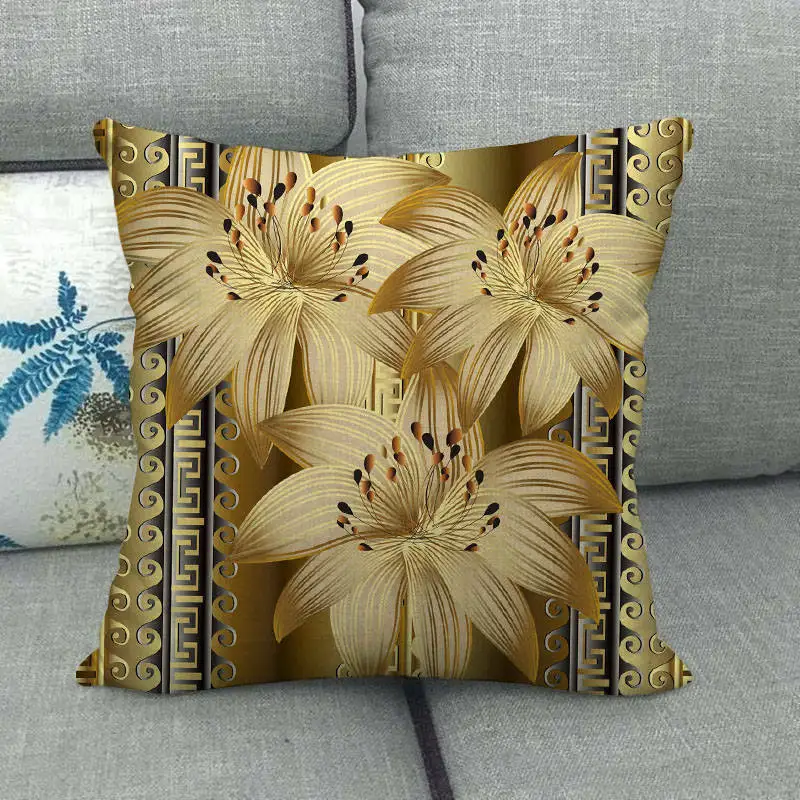 45cm*45cm golden flowers and geometric design linen/cotton throw pillow covers couch cushion cover home decor | Дом и сад