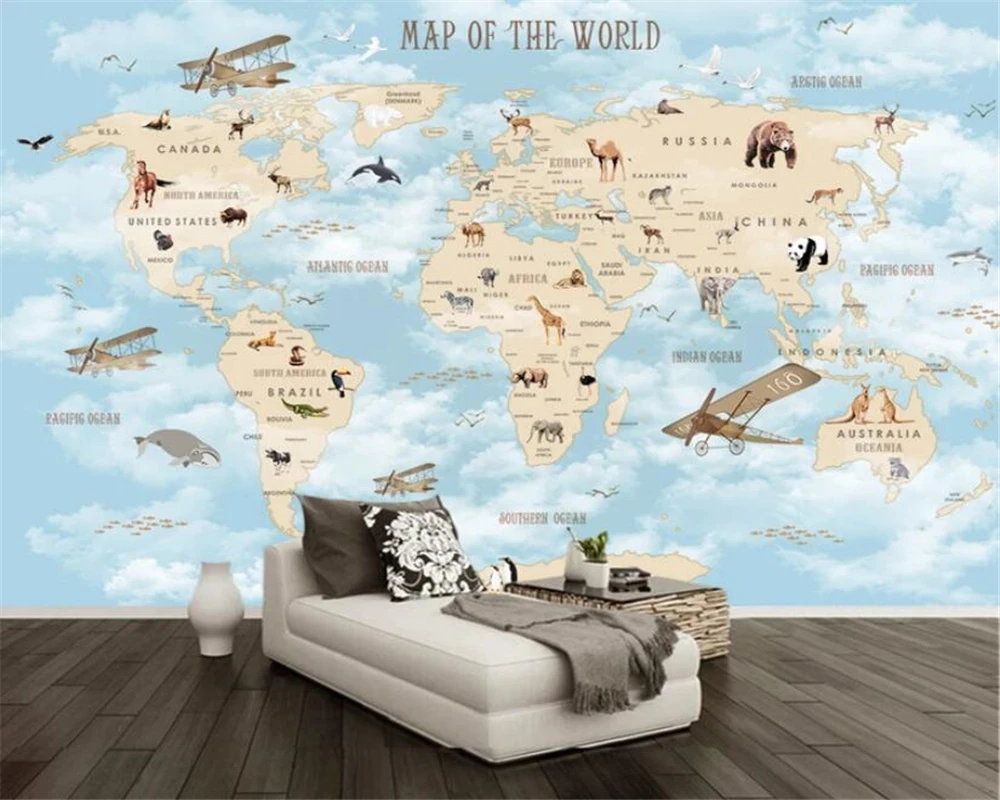 

beibehang Cartoon world map background wall wallpaper custom wallpaper mural living room bedroom TV decorative painting