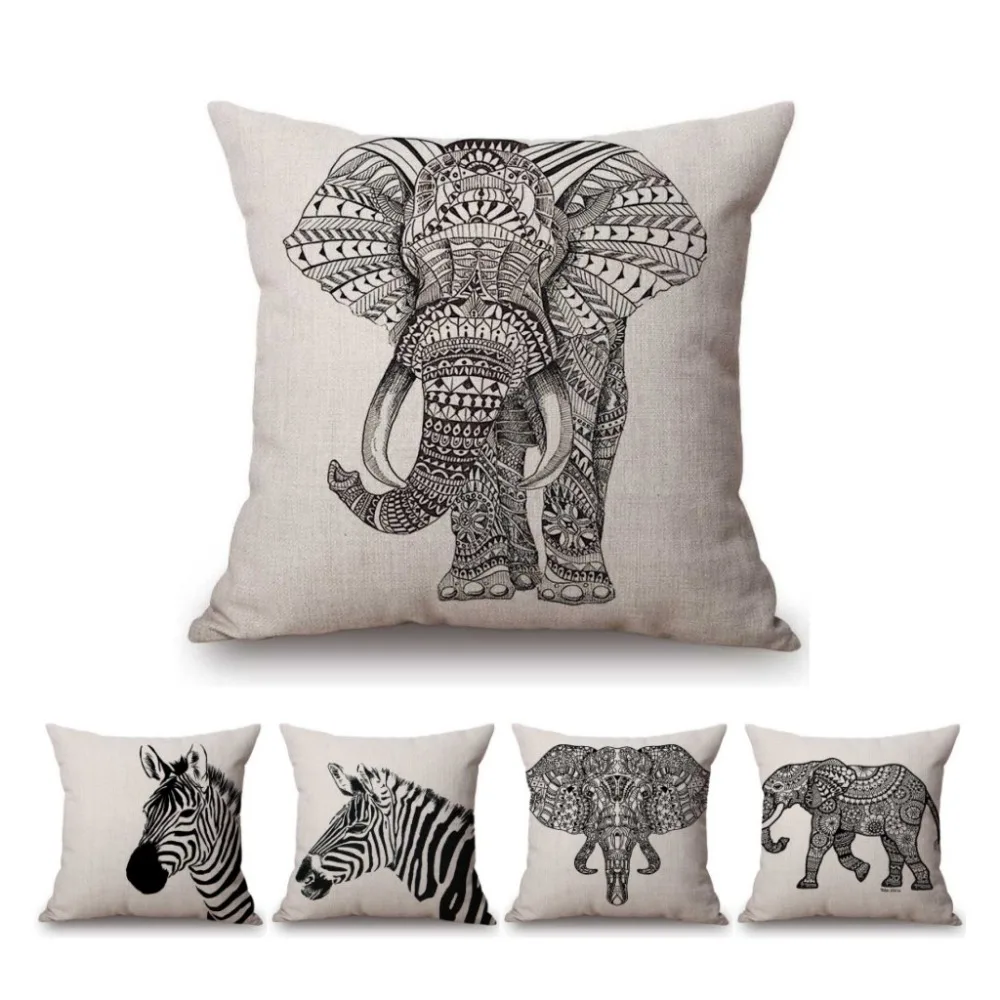 

Black White Africa Animals Elephant Zebra Nordic Sofa Throw Pillow Case For Home Decoration Office Cotton Linen Cushion Cover