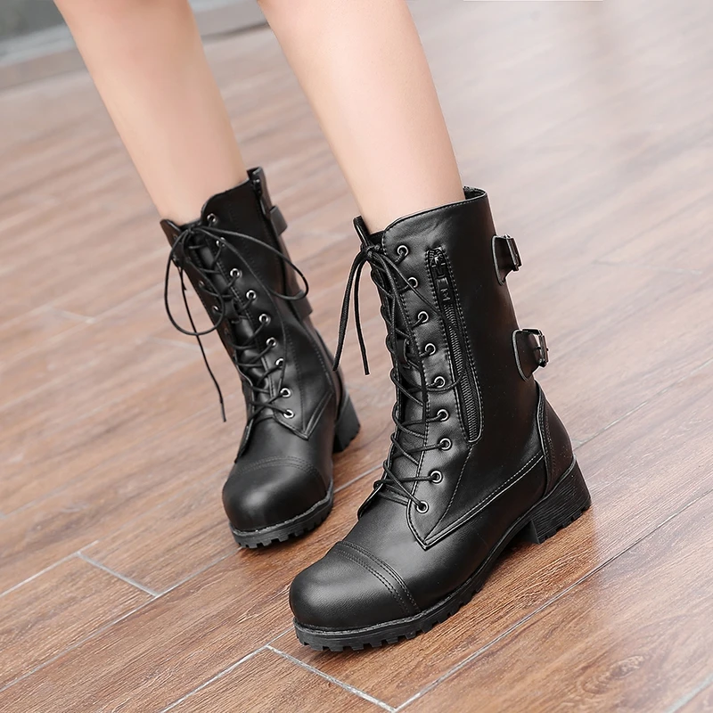 Zapatos mujer Зимняя женская обувь искусственная кожа на низком каблуке Ботинки