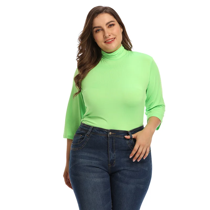 Осень плюс размер 3XL 4XL Водолазка для женщин с длинным рукавом три четверти Slim Fit