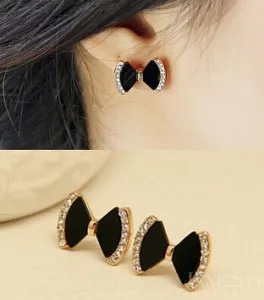 

Fine Jewelry New 1 Pair Bow Tie Black Rhinestone Crystal Bowknot Stud Earring For Women