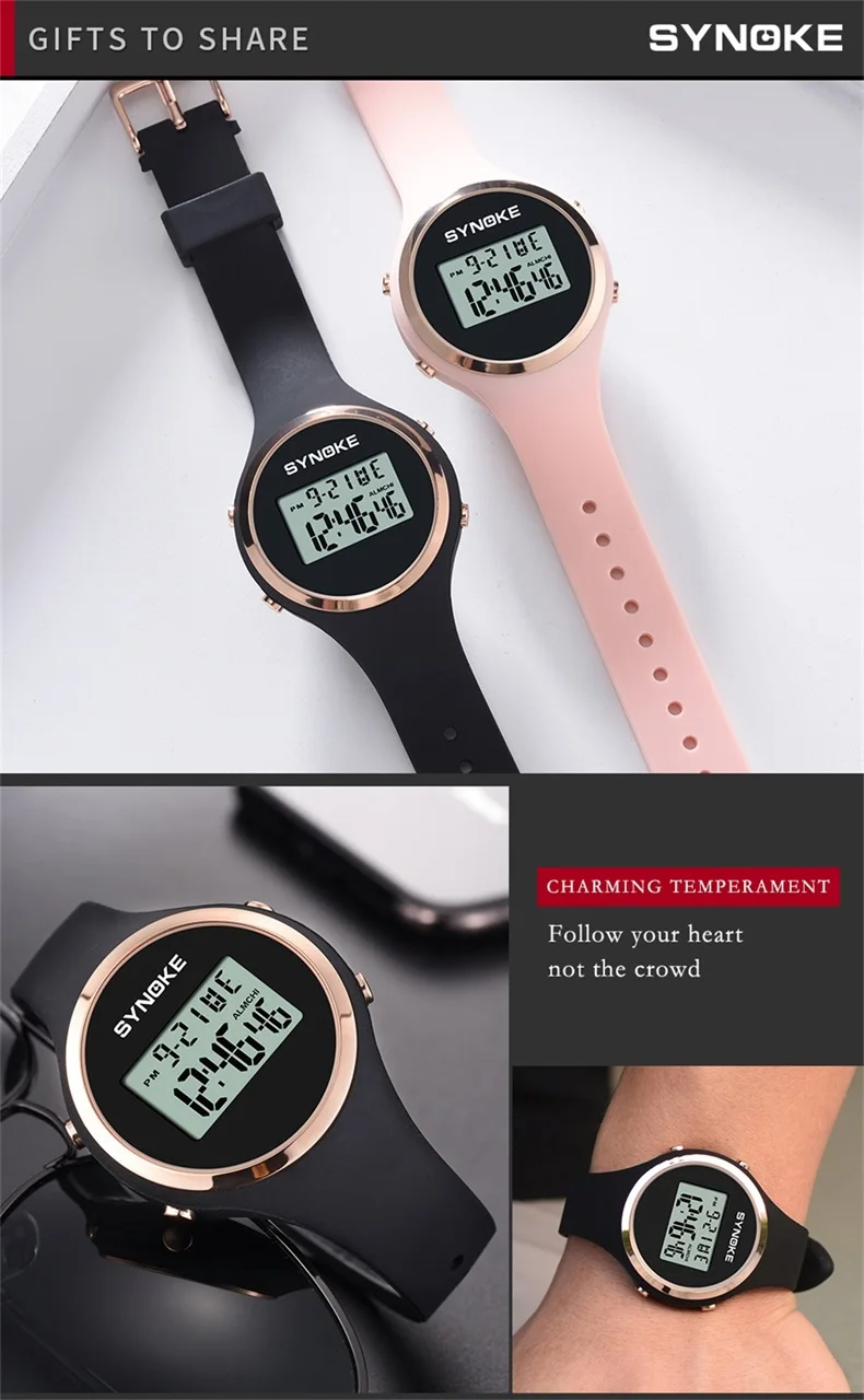 SYNOKE Women Sport Watch Pink Silicone Digital Candy Color Alarm Chronograph Multifunction Fashion Gril Wristwatch