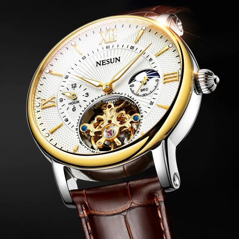 Gold-white Nesun оригинальные Роскошные Брендовые мужские турбийон автоматические механические часы модные спортивные кожаные часы Швейцария Relogio Masculino - Цвет: Gold-white