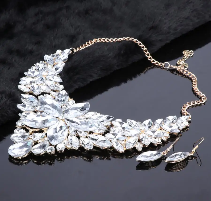 Gold White Высокое качество, колье с кристаллами, массивное ожерелье, серьги, ювелирный набор, стразы, свадебный подарок, для женщин, невесты, выпускной вечер, вечерние - Окраска металла: Gold White