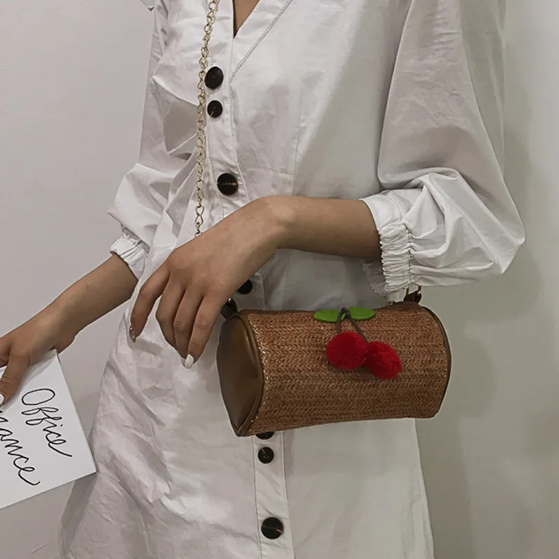 Женская сумка 2020 модная женская маленькая соломенная цилиндрическая с вишней на
