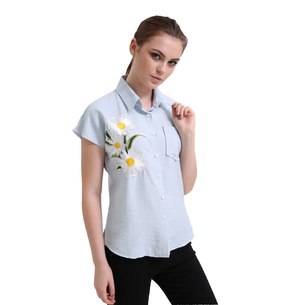 Dioufond цветочные рубашки с аппликацией Женская белая блузка коротким рукавом