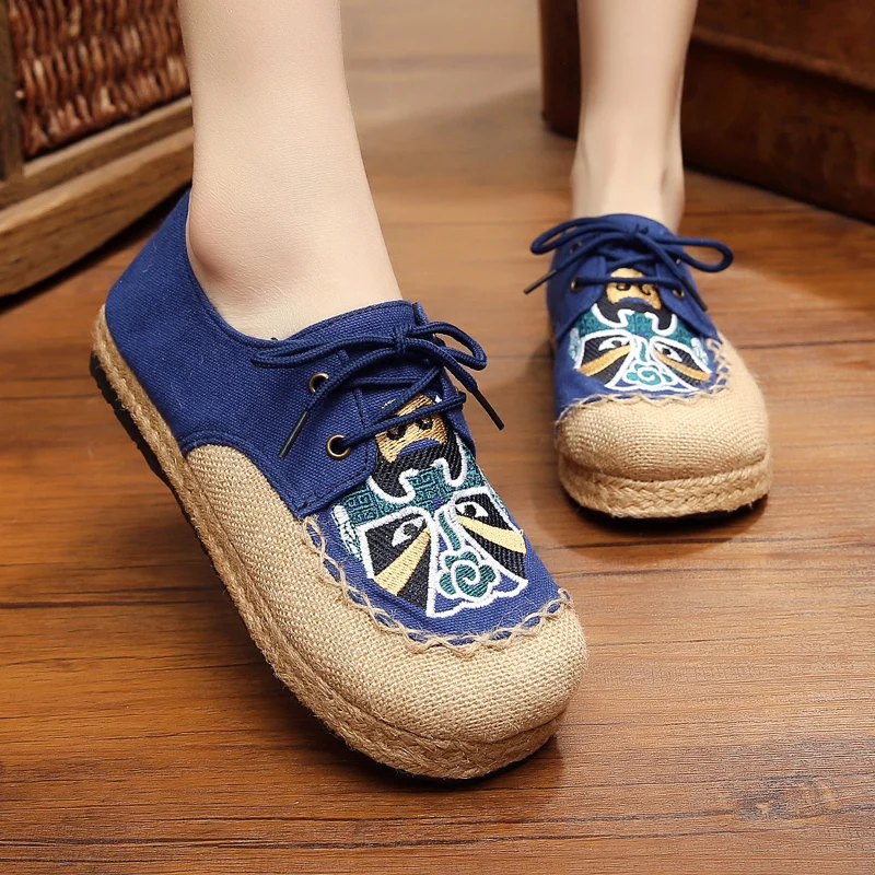 Женские туфли на плоской подошве винтажные мягкие ручной работы из льна шнуровке