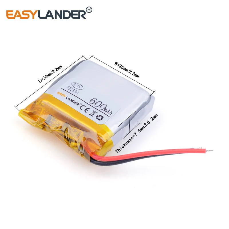 

752530 lithium polymer battery 3.7V 600MAH For Bluetooth Headset 3D glasses Smart watch Sports bracelet MP3 MP4 DVR