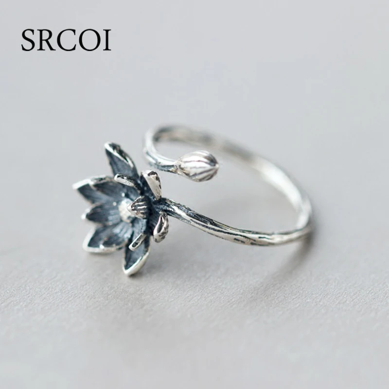 SRCOI Новое модное кольцо с цветком лотоса в античном стерлинговом серебре
