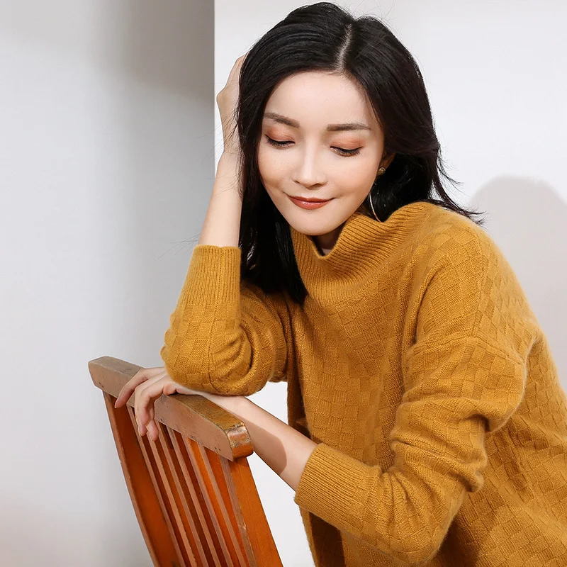 DILLY Модный женский жаккардовый свитер с воротником под горло и узором со стразами