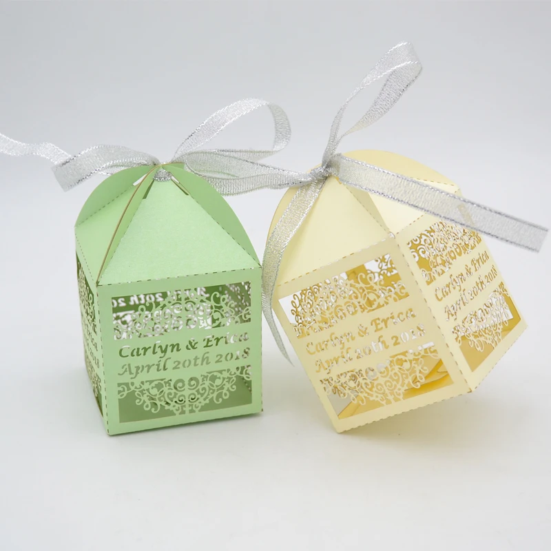 

Various styles cheap wedding favors candy boxes laser cut cupcake with free ribbons for sale