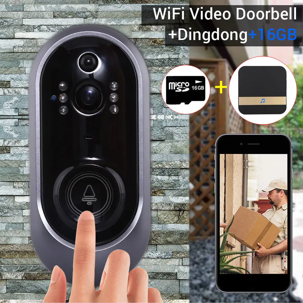 Умный WiFi дверной звонок 720P домофон камера Телефон Запись аудио + Dingdong 16 ГБ TF Карта