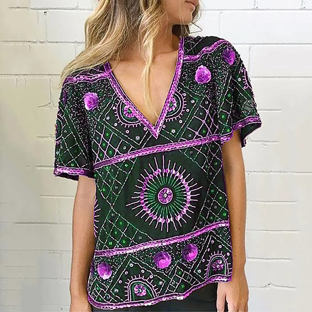 Женская футболка с коротким рукавом и V образным вырезом принтом|Футболки| |