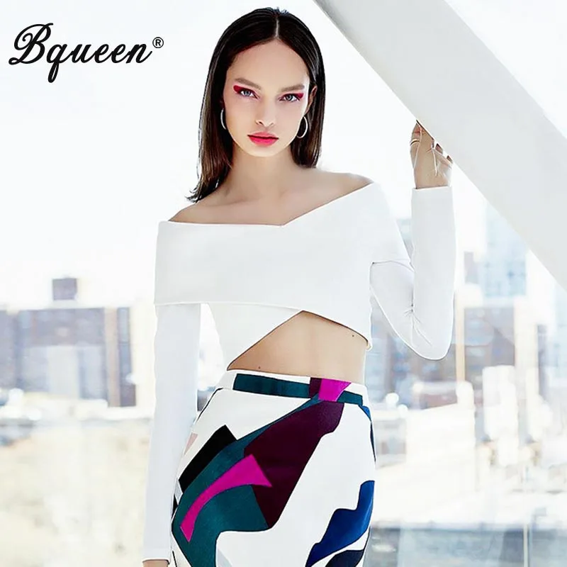 

Bqueen 2019 New Women Sexy Solid Short Off Shoulder Full Sleeve Black White Lady Crop Bodycon Bandage Top
