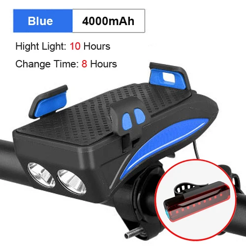 4000 Blue taillight NEWBOLER велосипедный фонарь с зарядным аккумулятором, USB Перезаряжаемый фонарик, держатель для телефона, велосипедный фонарь, 4000 мАч, велосипедный рог, светодиодный свет - Color: 4000 Blue taillight