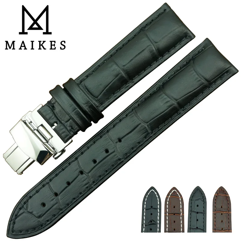 Ремешок для часов MAIKES из натуральной кожи с пряжкой-бабочкой нержавеющей стали