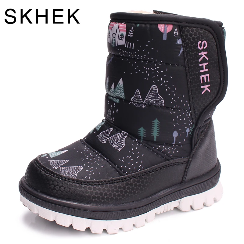 

SKHEK Girls Boy Boots Waterproof Toddler Kids Boots Warm Plush Mid-Calf Boys Snow Boots Children Winter Shoes