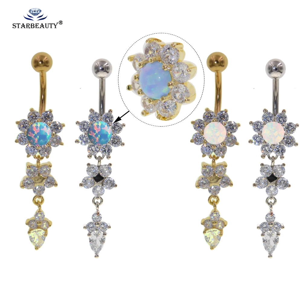 Огненный опал цветок подвеска для живота живот Женское кольцо золотого цвета