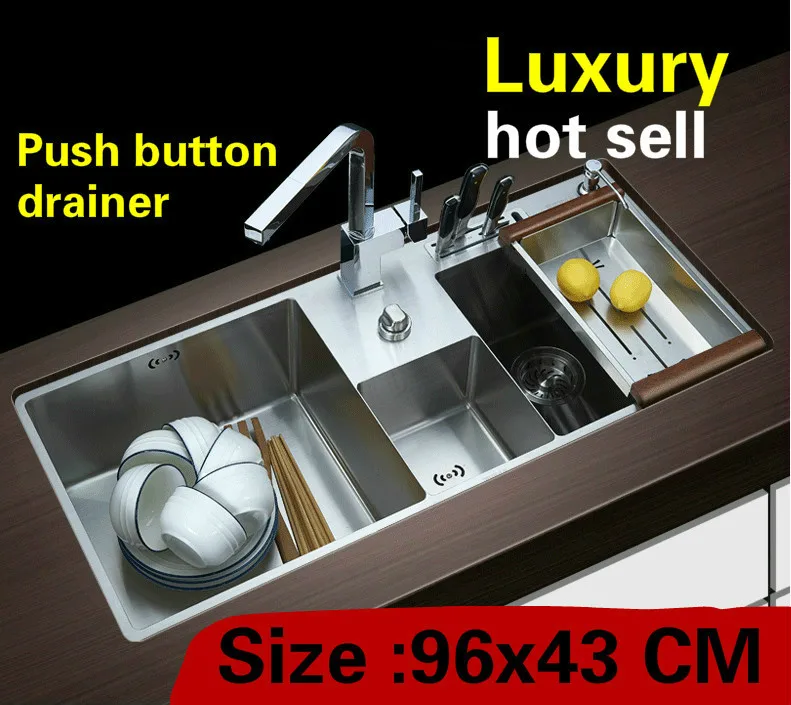 

Free shipping Apartment big luxury kitchen manual sink double groove push button drainer 304 stainless steel hot sell 96x43 CM