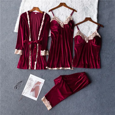 925 Velvet red Золотой бархат 4 шт. теплые зимние женские пижамы элегантный кружевной халат пижамы комплект без рукавов ночное розовый синий 925 - Цвет: 925 Velvet red