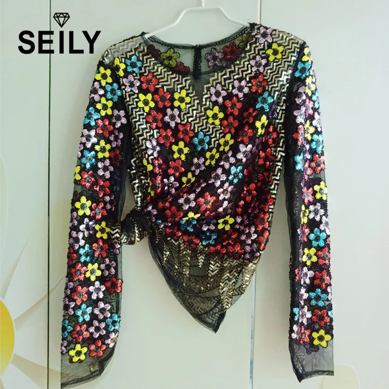 

Seily Womens Bling Bling Sequin Beading Retro Floral Long Sleeve Mesh Lace Blouse Sexy See Through Party Tunic Top Femmes Blusas