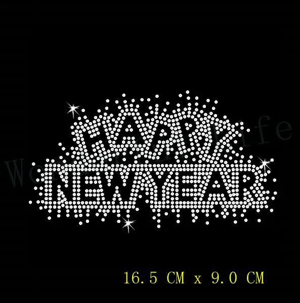 

Free shipping happy new year design hotfix rhinestones transfer design motif bling for clothing