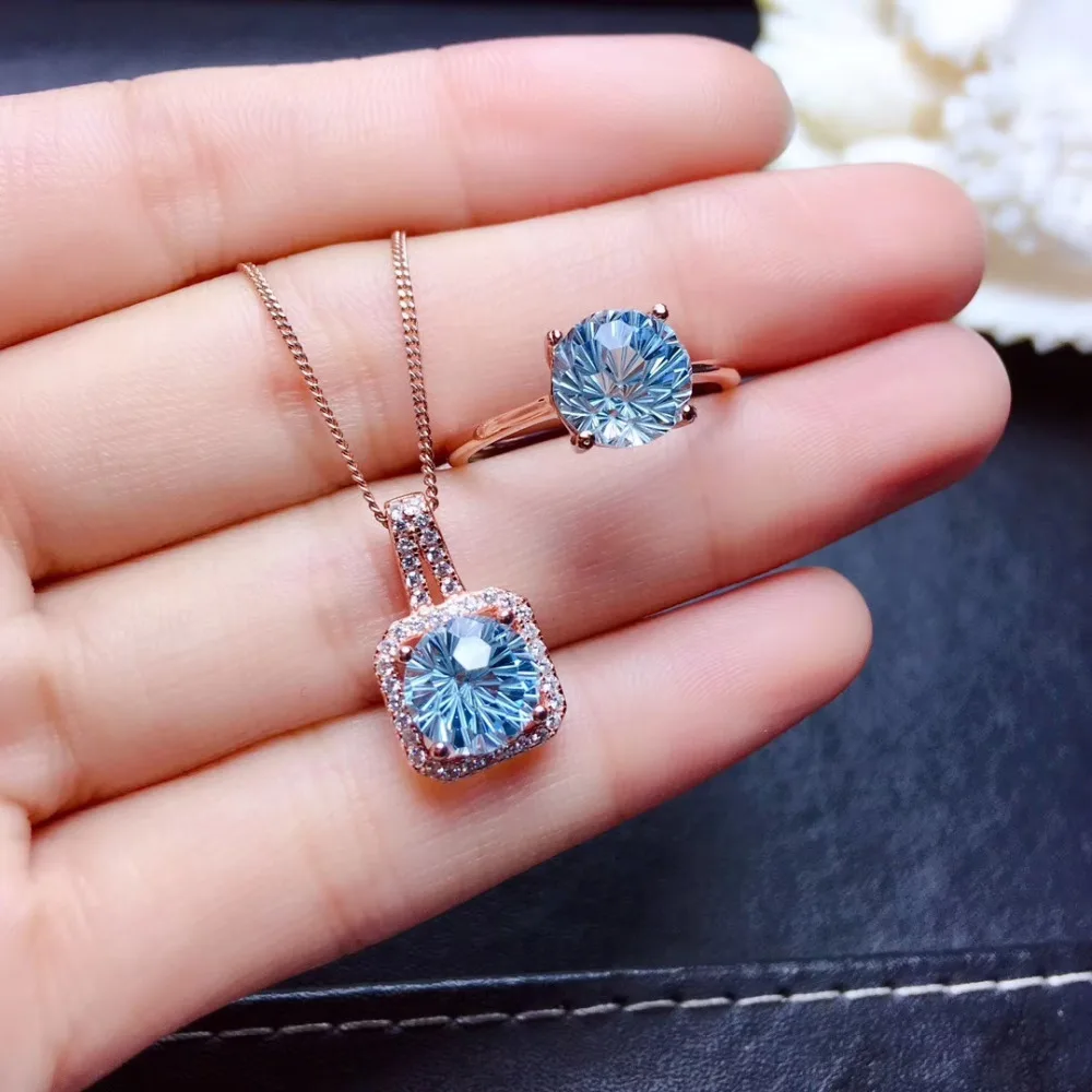 

S925 silver natural blue Fireworks topaz gem pendant ring natural gemstone jewelry set fashion Lovely square woman party jewelry