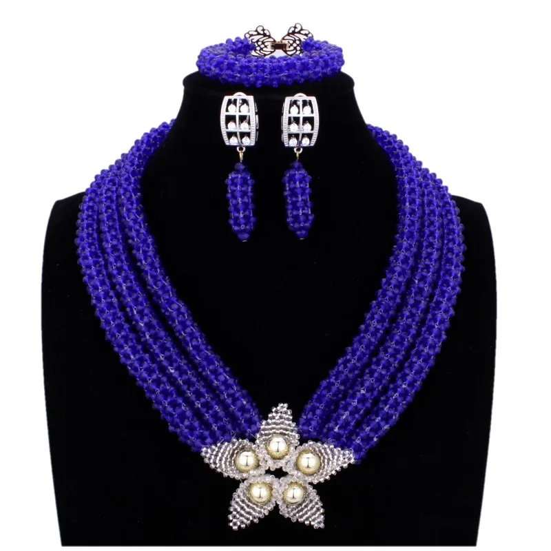 Dubai Jewellery Royal Blue African Beads Jewelry Sets For Women Wedding Flowers Gift Set Necklace Bracelet Earrings 3 Pics | Украшения и