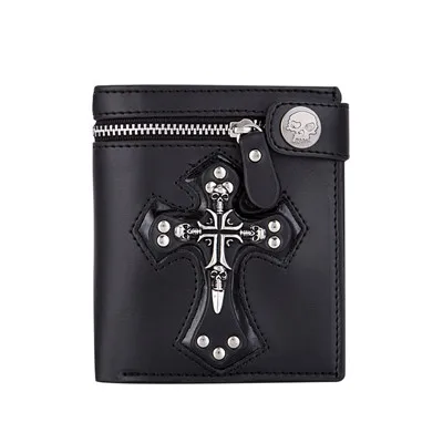 Black(No Chain) Короткие стильные мужские кошельки в стиле панк с черепом и крестом, кожаный Готический Ретро Кошелек для монет с цепочкой и заклепками, мини-кошелек, держатель для карт, кошельки с застежкой - Цвет: Black(No Chain)