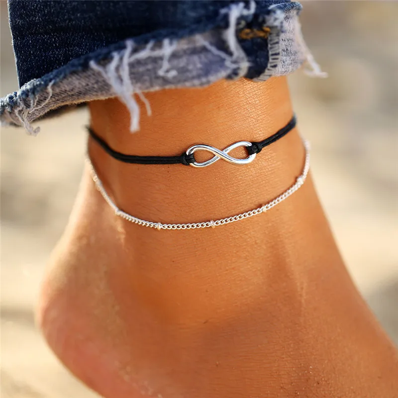 Boho океан пляж Многослойные лодыжки браслет минималистичный звезда браслеты на ногу с листками для женщин Блестки бусины ножной браслет ноги браслет - Окраска металла: FOV1756