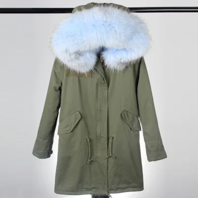 Gskyblue fur btips Новинка, Женское зимнее пальто, армейский зеленый, толстая парка, большой воротник из натурального меха енота, с капюшоном, подкладка из лисьего меха, зимняя куртка - Цвет: Gskyblue fur btips