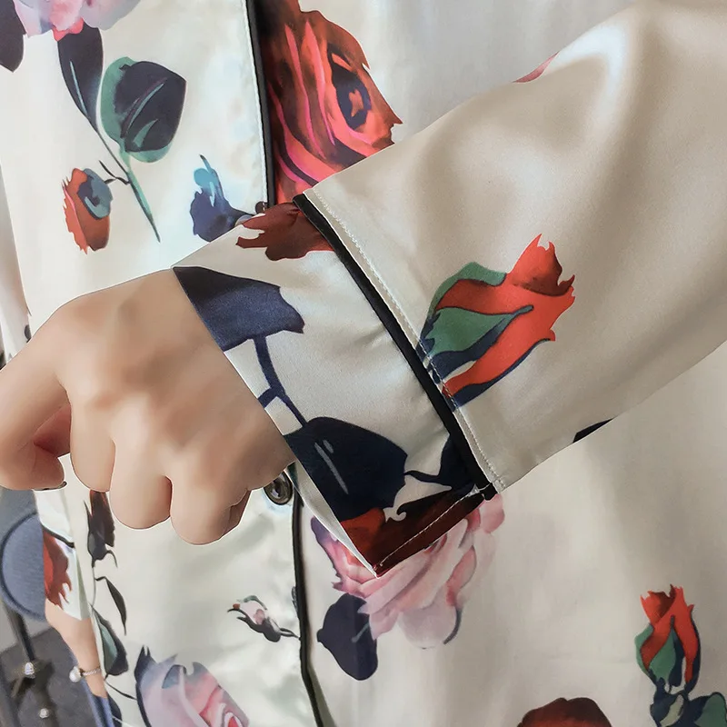 

Spring&autumn Teenage Girls Printing Pattern Women Pajama Set Rayon Sleepwear Long Sleeve Trousers Rose Print Silk Sexy Pajamas