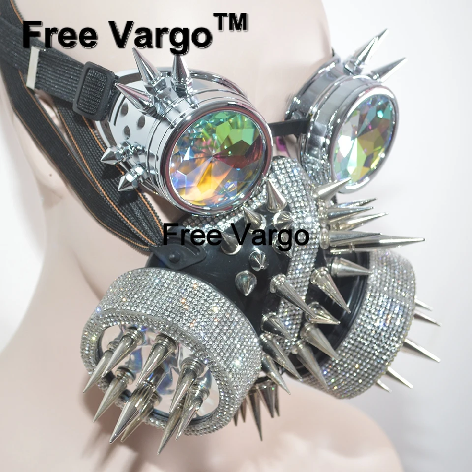 Streampunk Holographic Goggles Burning Man Rhinestone Rivet Mask Halloween Rave Stage Costumes Cosplay Festival Clothes Outfit |