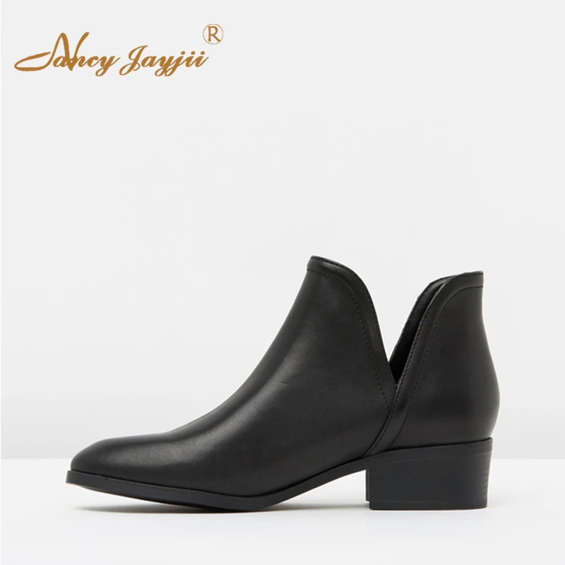 

Женские ботильоны с вырезами Nancyjayjii, черные ботинки из искусственной кожи на среднем квадратном каблуке, с круглым носком, повседневные бот...