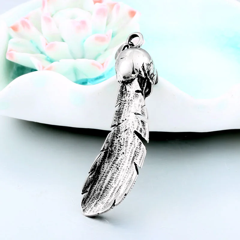 PUNK skull Stainless Steel Leaf chain Feather fashion man necklace pendant for gothic jewelry charm choker | Украшения и