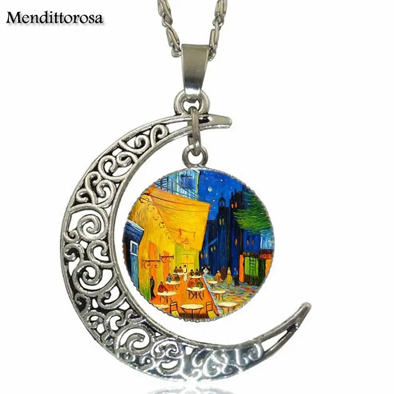 For Lovers Girl Friend Best Gift Van Gogh Cafe Terrace Glass Pendant Necklace Handmade Half Moon | Украшения и аксессуары