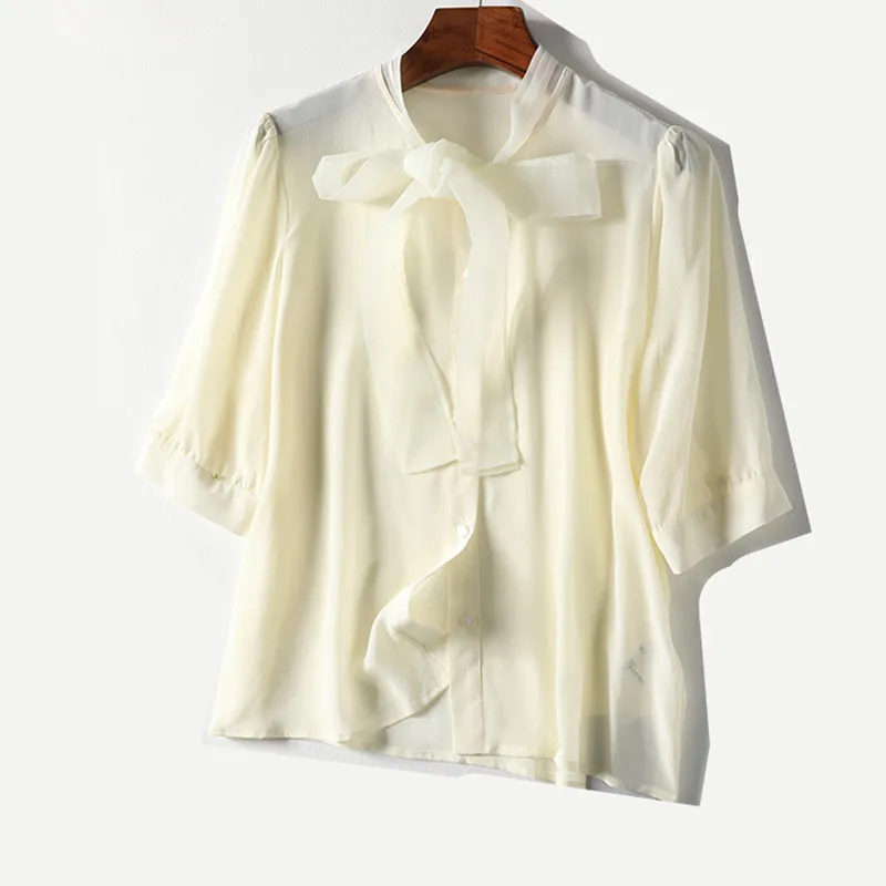 Женская летняя 100% шелковая блузка из натурального шелка с длинным рукавом