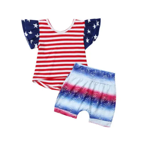 America Stars &amp Stripe Baby Girl Independence Day Tops+Shorts Firework Summer Clothes Outfit Sets | Детская одежда и обувь