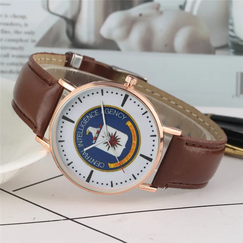 YISUYA Quartz Mens Watch CIA Logo Dial Leather Band Wristwatch Male Clock Watches 2 Colors Fashion Gifts horloges mannen
