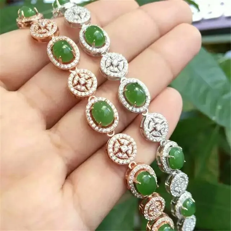 

KJJEAXCMY fine jewelry 925 Pure silver inlay natural hetian jasper female style bracelet four-leaf clover retro curved chain