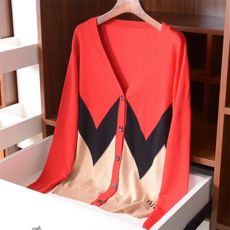 wool polyamide blend patchwork knit women England style contrast color Vneck single breasted cardigan sweater M-L |