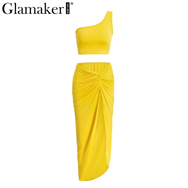 Цвет: желтый Glamaker, неоновое длинное платье на одно плечо, 2 шт., женское облегающее Клубное платье миди, летнее сексуальное укороченное платье размера плюс, нестандартные платья - Цвет: Цвет: желтый