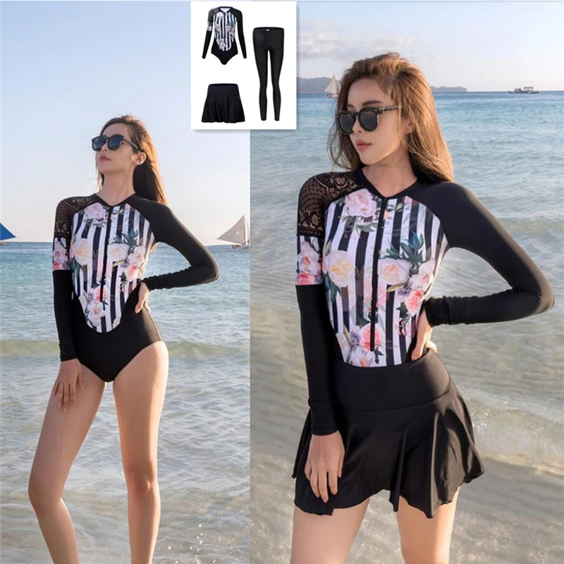 

2020 Korean style modest skirt swimsuit set for womens one piece bodysuit+skirt+pants ladies beach swim surf wear costume