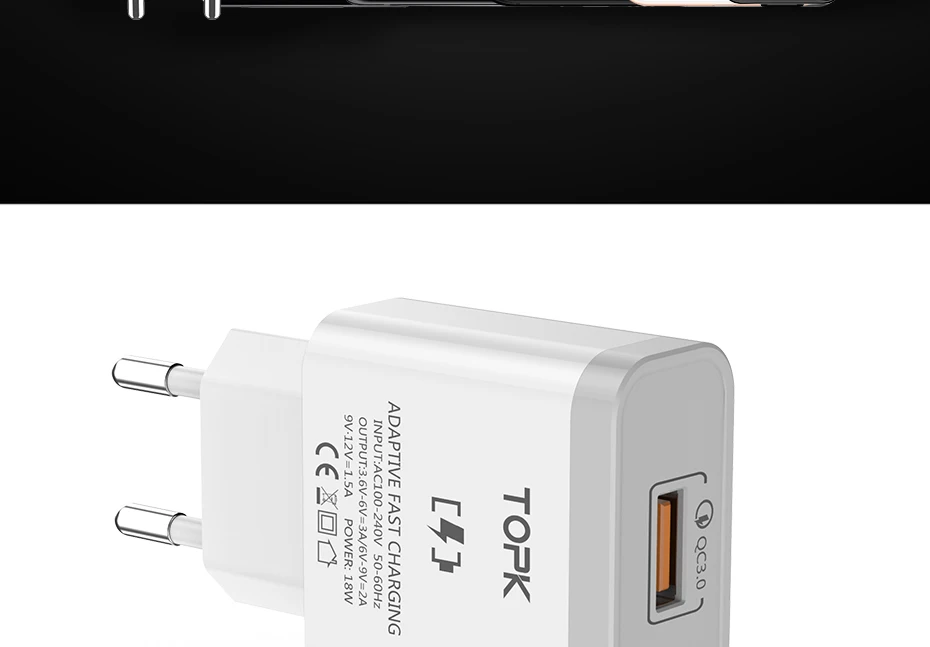 TOPK 18 Вт Быстрая зарядка 3,0 быстрое USB зарядное устройство для iPhone, Samsung, Xiaomi, huawei, дорожное настенное зарядное устройство для мобильного телефона с европейской вилкой