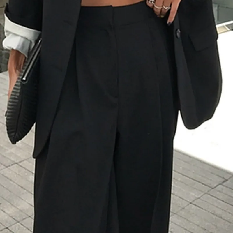 Black pants LANMREM Осенняя Новая повседневная модная женская Свободная однотонная однобортная короткая куртка, костюм, широкие брюки, костюм TC783 - Цвет: Black pants