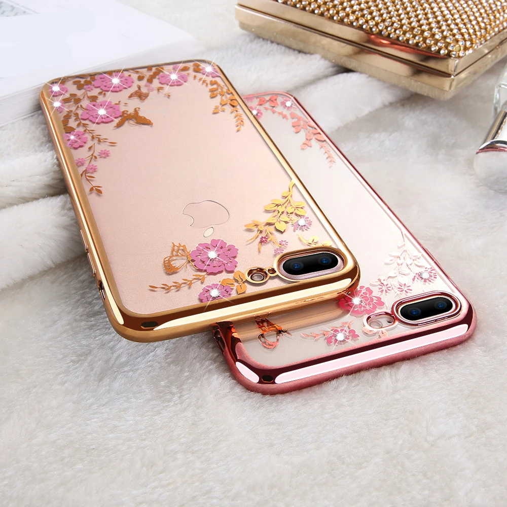 Мягкий силиконовый чехол из ТПУ с цветочным узором для iPhone 6 6s 7 8 Plus X Xs блестящие