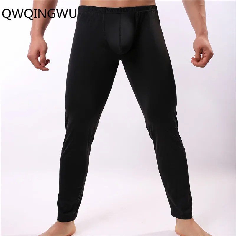 Men Long Johns Sexy Ice Silky U Convex Mens Under Pants Bottoms Pajama Middle Waist Tight Legging Pouch Warm Long Johns